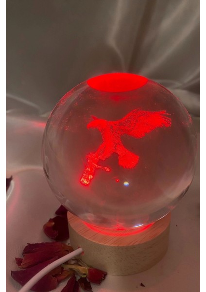 3D LED Işık Cam Küre Çok Işıklı Ahşap Kartal Kara Kartal Büyük Boy 8cm