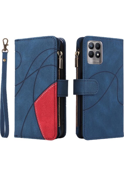 Realme 8i Iki Renkli Dikiş Dokuz Kart Yuvaları Fermuar Cüzdan Tarzı (Yurt Dışından)