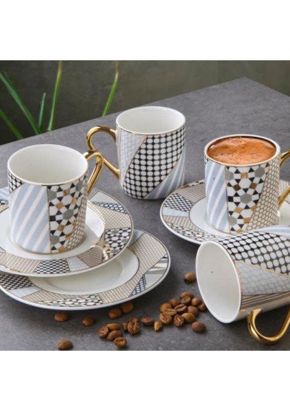 Porselen 6’lı Kahve Fincan Takımı Geometrik Desenli G3406