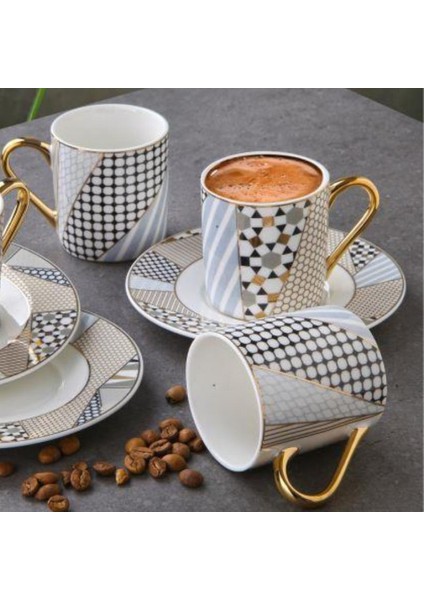 Porselen 6’lı Kahve Fincan Takımı Geometrik Desenli G3406