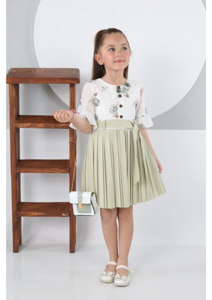 Plise Etekli Çantalı Kız Çocuk elbise - Yeşil
