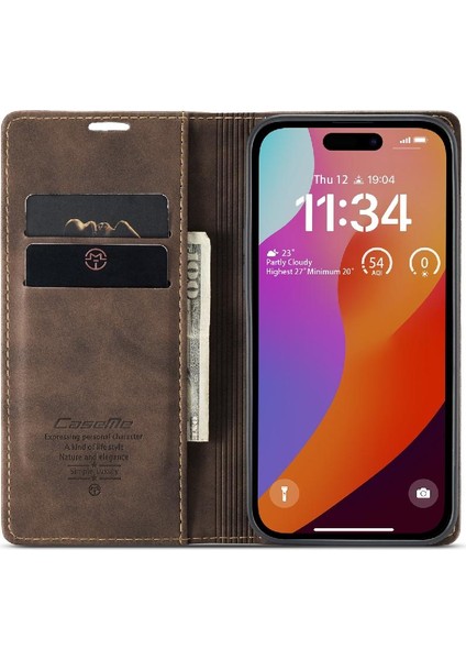 Iphone 15 Için Flip Case Pro Flip Folio Kitap Vintage Pu Deri Cüzdan Kılıf (Yurt Dışından)