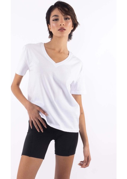 Basic V Yaka T-Shirt Kadın - Beyaz fırsatları