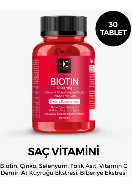 HC Care Saç Vitamini 30 Tablet - Biotin, Çinko, Selenyum, Folik Asit, Vitamin C, Demir, At Kuyruğu, Biberiye