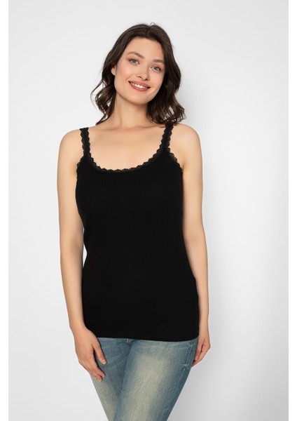 2 Adet 100 % Pamuk Penye Ribana Dantelli Siyah Kadın Ip Askı ATLET-227 fiyatları