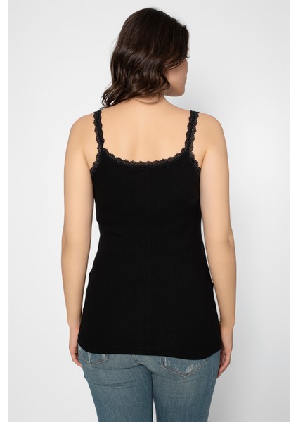 2 Adet 100 % Pamuk Penye Ribana Dantelli Siyah Kadın Ip Askı ATLET-227 modelleri