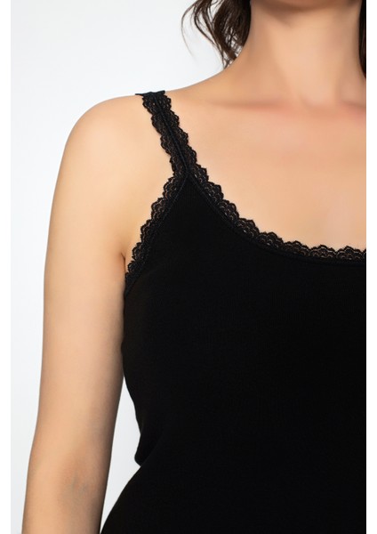 2 Adet 100 % Pamuk Penye Ribana Dantelli Siyah Kadın Ip Askı ATLET-227 fırsatları