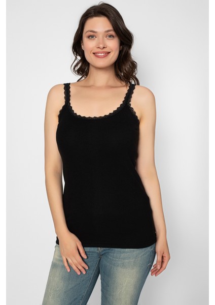 2 Adet 100 % Pamuk Penye Ribana Dantelli Siyah Kadın Ip Askı ATLET-227 indirimleri