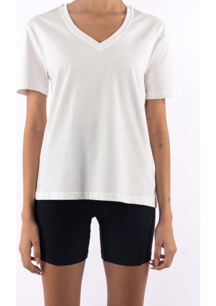 Basic V Yaka T-Shirt Kadın - Ekru