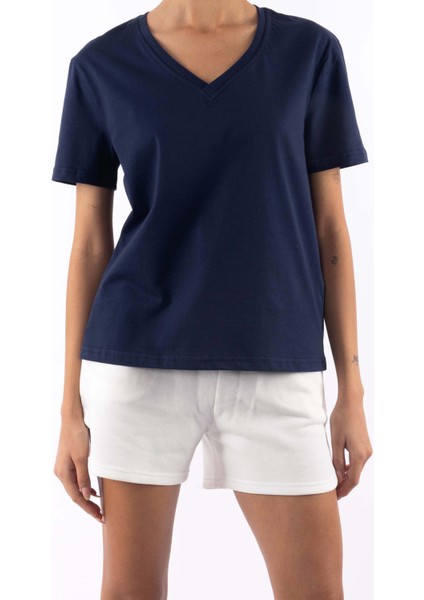 Basic V Yaka T-Shirt Kadın - Lacivert