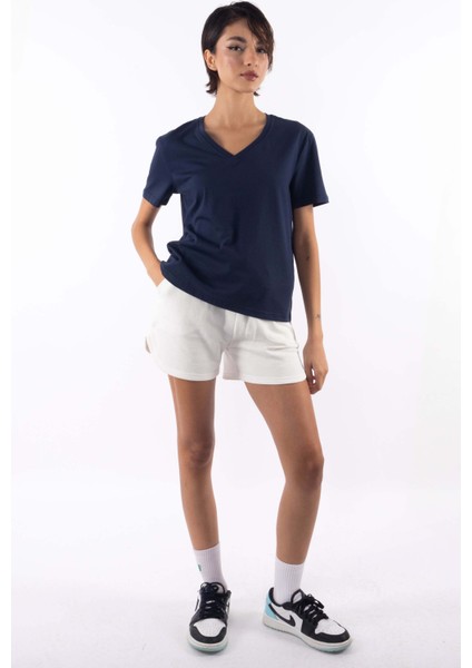 Basic V Yaka T-Shirt Kadın - Lacivert modelleri