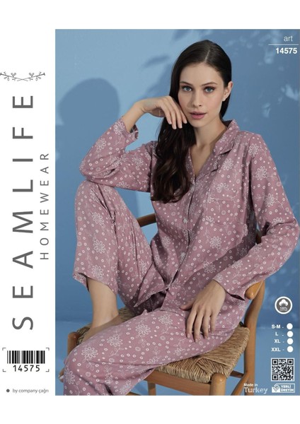 Kadın Uzun Kol Dokuma Önden Düğmeli Gömlek Pijama Takımı