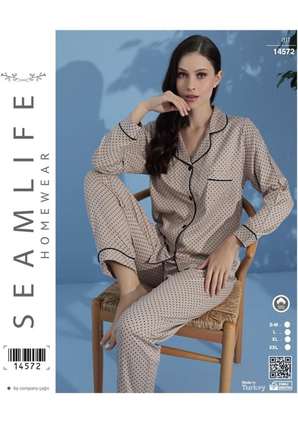 Kadın Uzun Kol Dokuma Önden Düğmeli Gömlek Pijama Takımı 14572