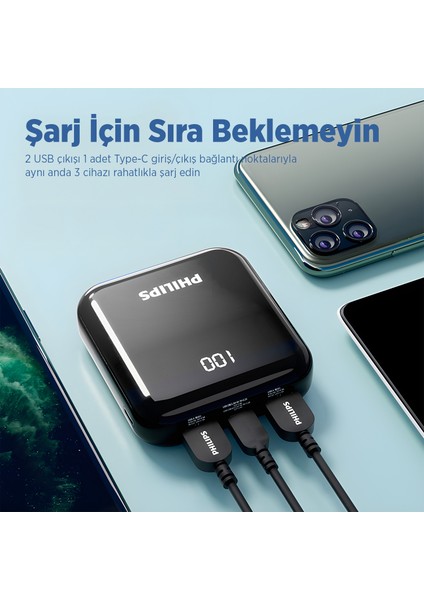 DLP2299 10000MAH 22.5W Çift Usb-A ve Type-C Çıkışlı Mini Cep Boy Powerbank Siyah Qc Pd Destekli Dijital Ekranlı Samsung Xiaomi Apple iPhone 13, 14, 15 Uyumlu