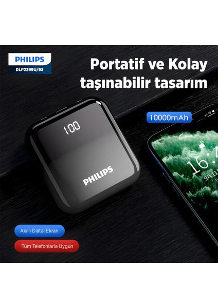 DLP2299 10000MAH 22.5W Çift Usb-A ve Type-C Çıkışlı Mini Cep Boy Powerbank Siyah Qc Pd Destekli Dijital Ekranlı Samsung Xiaomi Apple iPhone 13, 14, 15 Uyumlu