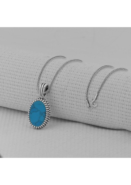 Turkuaz Taşlı Oval 925 Ayar Erkek Gümüş Kolye fiyatları