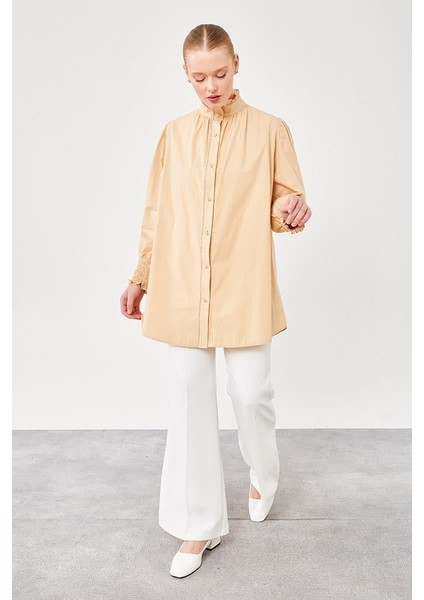 Bej Taş İşlemeli Patı Gipeli Gömlek