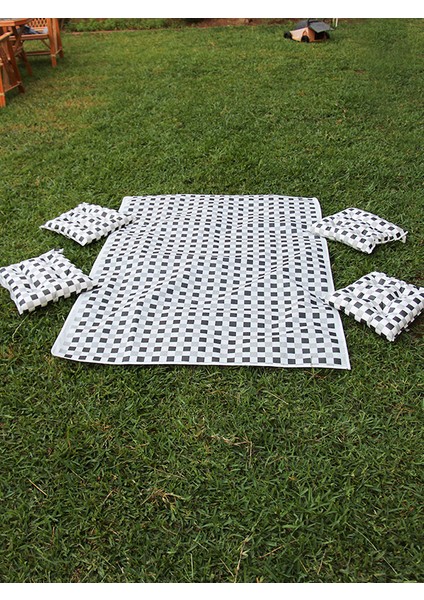 Yer, Piknik Örtüsü Sofra Bezi 120 x 170 , 4 Minder 45 x 45CM Set (Kırmızı Renk)