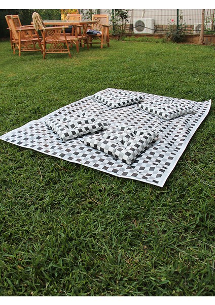 Yer, Piknik Örtüsü Sofra Bezi 120 x 170 , 4 Minder 45 x 45CM Set (Kırmızı Renk)