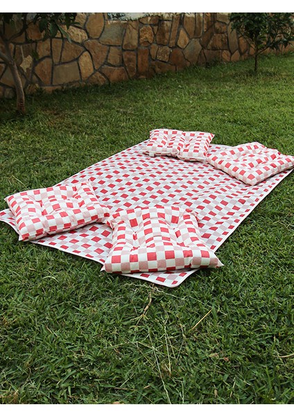 Yer, Piknik Örtüsü Sofra Bezi 120 x 170 , 4 Minder 45 x 45CM Set (Kırmızı Renk)