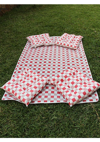 Yer, Piknik Örtüsü Sofra Bezi 120 x 170 , 4 Minder 45 x 45CM Set (Kırmızı Renk)