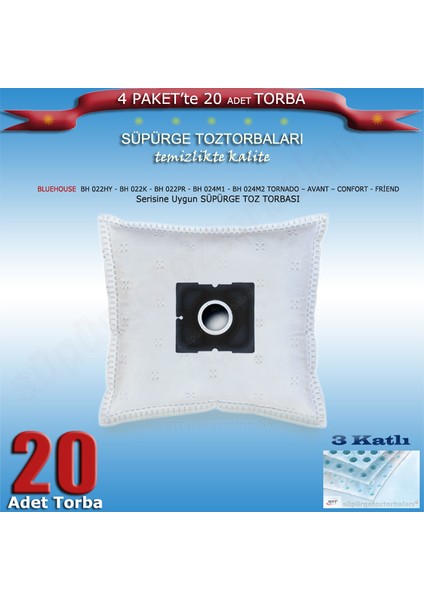 Bluehouse Bh 022HY Power - Bh 022K Relaxo - Bh 022PR Super Silent - Bh 024M1 Force - Bh 024M2 Tornado - Bh 022DL Silento - Avant - Confort - Friend Modellerine Uygun Süpürge Toz Torbası 200120