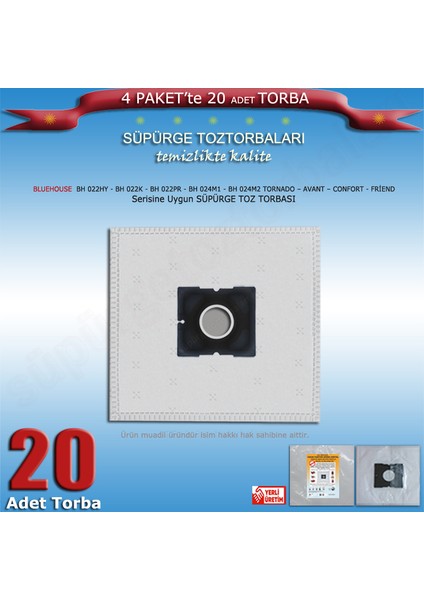 Bluehouse Bh 022HY Power - Bh 022K Relaxo - Bh 022PR Super Silent - Bh 024M1 Force - Bh 024M2 Tornado - Bh 022DL Silento - Avant - Confort - Friend Modellerine Uygun Süpürge Toz Torbası 200120 modelleri