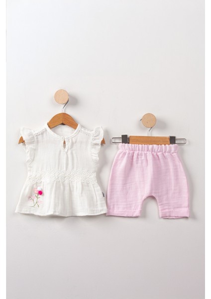 Mimiğimin Cicileri Pontif Çiçekli Müslin Kız Bebek 2 li takım - Şeker Pembe