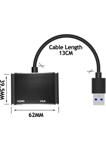 USB To VGA Hdmi 2in1 Adaptör. Siyah