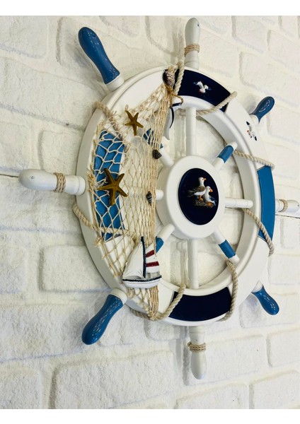 Ahşap Martılı Yelkenli Dümen Duvar Dekoru (60 Cm)