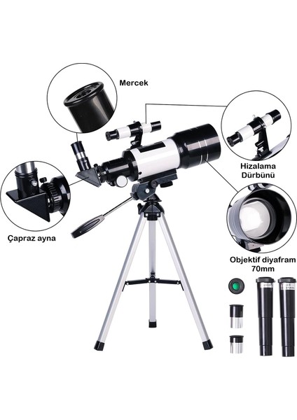 Bgz Store Profesyonel Astronomik Teleskop 150X Yakınlaştırma - 70MM Objektif Uzay-Ay-Doğa Gözlem Teleskobu