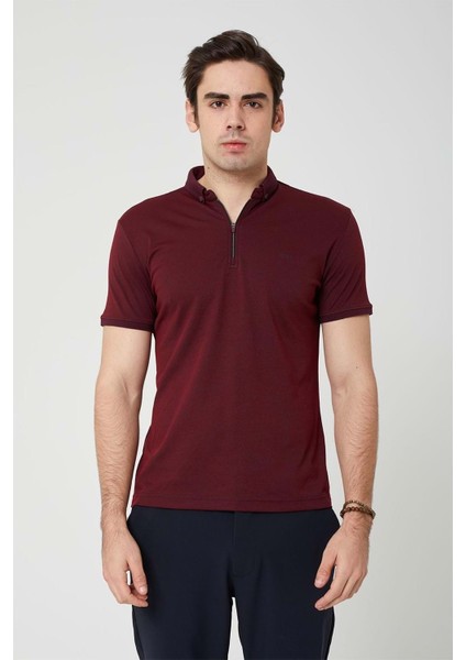 Triko Yaka Fermuarlı Polo Erkek Bordo Tshirt