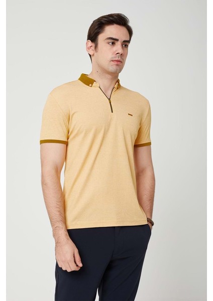 Triko Yaka Fermuarlı Polo Erkek Sarı Tshirt