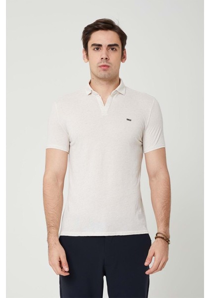 Yakalı Çok Rahat Pamuk Penye Erkek Bej Tshirt
