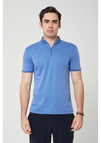 Triko Yaka Fermuarlı Polo Erkek Mavi Tshirt fiyatları