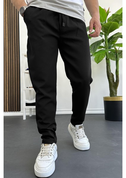 Erkek Slim Fit Beli Lastikli Double Paça Jogger Pantolon Siyah Edw114