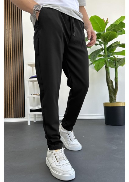 Erkek Slim Fit Beli Lastikli Double Paça Jogger Pantolon Siyah Edw114