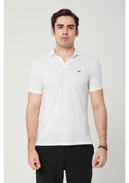 Yakalı Çok Rahat Pamuk Penye Erkek Beyaz Tshirt
