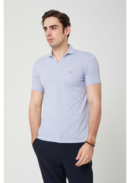 Yakalı Çok Rahat Pamuk Penye Erkek Buz Mavi Tshirt