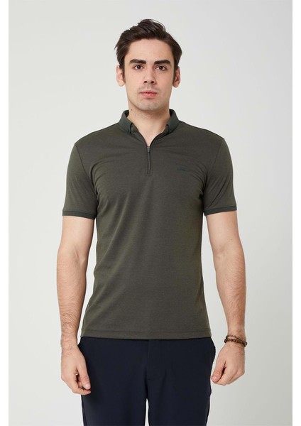 Triko Yaka Fermuarlı Polo Erkek Haki Tshirt