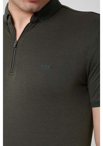 Triko Yaka Fermuarlı Polo Erkek Haki Tshirt