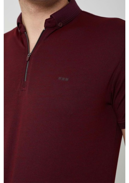 Triko Yaka Fermuarlı Polo Erkek Bordo Tshirt