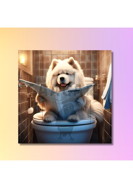 Tekli Kare Kanvas Banyo Tablosu Gazete Okuyan Beyaz Çin Aslanı modelleri