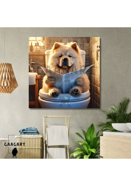 Tekli Kare Kanvas Banyo Tablosu Gazete Okuyan Çin Aslanı Köpek