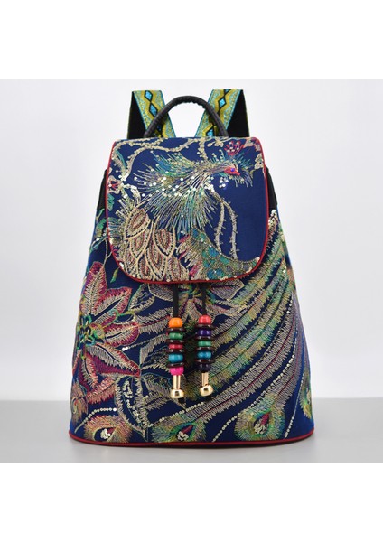 Etnik Tarzı Işlemeli Sırt Çantası, Çok Yönlü Banliyö Kadın Tuval Seyahat Sırt Çantası, Yaşlı Öğrenci Kova Sırt Çantası (Yurt Dışından)