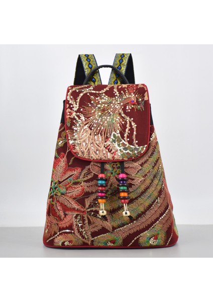 Etnik Tarzı Işlemeli Sırt Çantası, Çok Yönlü Banliyö Kadın Tuval Seyahat Sırt Çantası, Yaşlı Öğrenci Kova Sırt Çantası (Yurt Dışından)