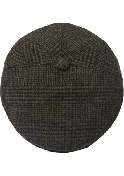 Kareli Kışlık Kasket Şapka Kaşe Kumaş Düğmeli Model Koyu Kahve 58 cm