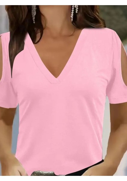 Kadın Kısa Kollu V Yaka Kollar Açık Detay Viskon Bluz fiyatları