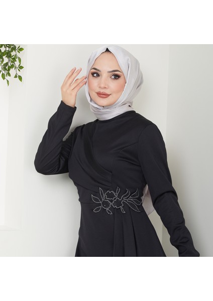Kemeri Taşlı Asimetrik Abiye Kalem Tesettür Elbise 2580