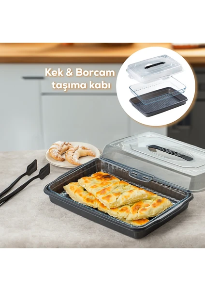 AKR-031 Kilitli Kapaklı Kek Börek Pasta Saklama Taşıma Kabı Borcam - Kek Fanusu Antrasit